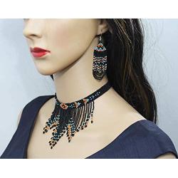 HANDMADE FASHION JEWELRY HANDCRAFTED BEADED BLACK NECKLACE HOOK EARRING SET S54/1