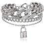 N/Q Layered Hip Hop Chunky Cuban Link Chain Rhinestone Beads Lock Pendant Necklace Bracelet for Women Girl Men Boy Shiny Crystal Bling Punk Cool Unisex Jewelry Set Nightclub Bar Accessory