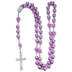 Rosary Beads Catholic, Handmade Imitation Pearl Rosary Necklace, Rosaries with Metal Crucifix Catholic Gift