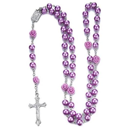 Rosary Beads Catholic, Handmade Imitation Pearl Rosary Necklace, Rosaries with Metal Crucifix Catholic Gift