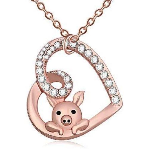 TUSHUO Delicate Cute Hollow Heart Lovely Pig Pendant Necklace Piggy Crystal Jewelry for Women Girls Birthday Valentines Day Gift