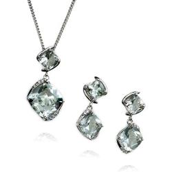 HAZZAR Real 925 Sterling Silver with Natural Green Square-Shape Amethyst and White Cubic-Zirconia Necklace & Dangle Earrings Set