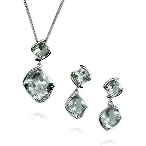 HAZZAR Real 925 Sterling Silver with Natural Green Square-Shape Amethyst and White Cubic-Zirconia Necklace & Dangle Earrings Set HAZZAR Real 925 Sterling Silver with Natural Green Square-Shape Amethyst and White Cubic-Zirconia Necklace & Dangle Earrings Set