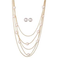 Jones New York White Pearls Multistand Gold Long Necklace Set with Pearl Earrings