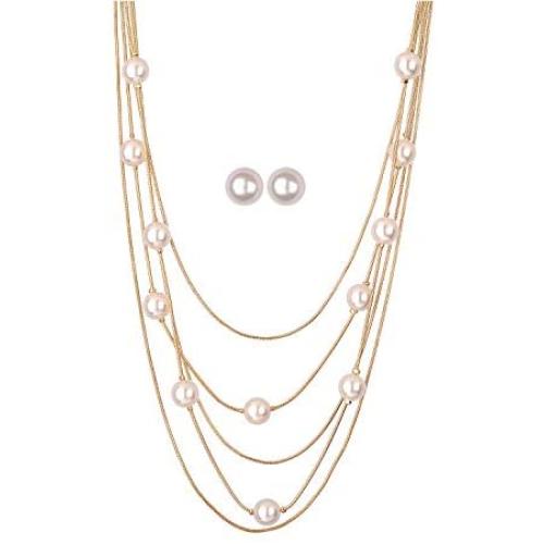 Jones New York White Pearls Multistand Gold Long Necklace Set with Pearl Earrings