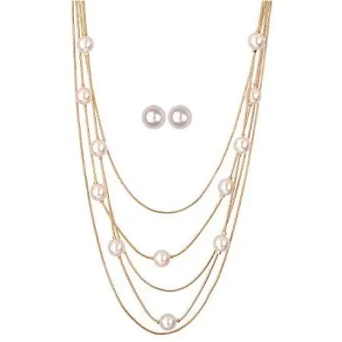 Jones New York White Pearls Multistand Gold Long Necklace Set with Pearl Earrings