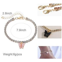 HaHaGirl 12 Pieces Anklets for Women Cute Charms Butterfly Acrylic Ankle Bracelets Colorful Rhinestone Anklets Set Boho Beach Layered Chain Anklets for Girls Foot Jewelry