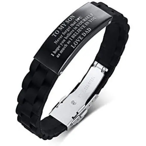 PJ Jewelry to My Son Love Dad Love Mom Courage Inspirational Bracelet Stainless Steel Silicone Adjustable Wristband PJ Jewelry to My Son Love Dad Love Mom Courage Inspirational Bracelet Stainless Steel Silicone Adjustable Wristband