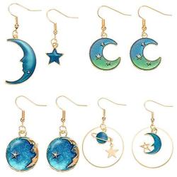TIANHONGYAN-4 Pairs Enamel Moon Star Earth Planet Dangle Earrings for Women Asymmetrical Drop Long Pendant Hook Stud Earrings Set Fashion Jewelry for Women Girls