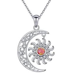 DAOSHANG 925 Sterling Silver Synthetic Opal Celtic Moon and Sun Pendant Necklace for Women Birthday Jewelry Gift, 18” Chain