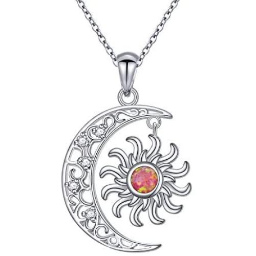 DAOSHANG 925 Sterling Silver Synthetic Opal Celtic Moon and Sun Pendant Necklace for Women Birthday Jewelry Gift, 18” Chain