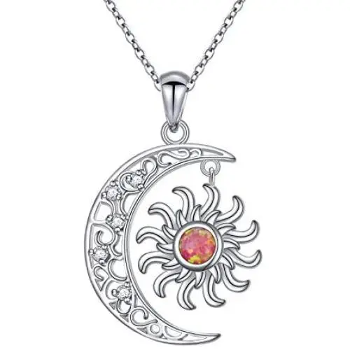 DAOSHANG 925 Sterling Silver Synthetic Opal Celtic Moon and Sun Pendant Necklace for Women Birthday Jewelry Gift, 18” Chain