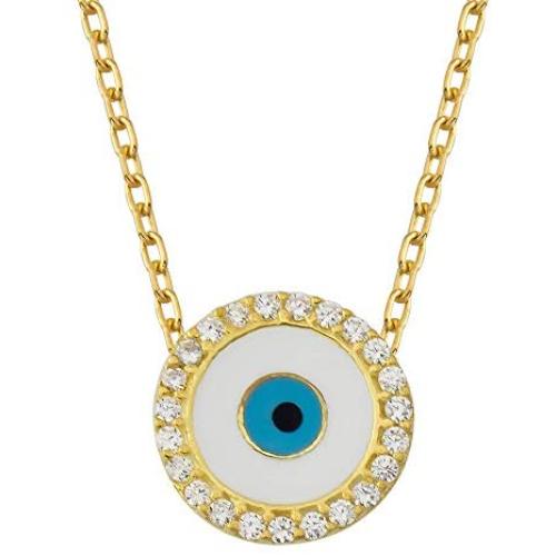 Evil Eye Necklace- Turquoise, Zirconia and Enamel Evil Eye Sterling Silver Necklace for Women- Gold Plated Pendant for Valentines Day, Birthday Jewelry Gifts for Women, Girl