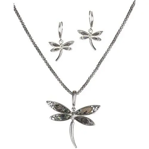 Jewelry Nexus Green Abalone Dragonfly with Filigree Pattern in a Silver-Tone Popcorn Chain & Earrings Jewelry Nexus Green Abalone Dragonfly with Filigree Pattern in a Silver-Tone Popcorn Chain & Earrings