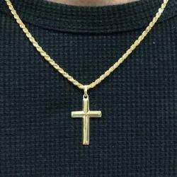 14K Gold Plated Sterling Silver Cross Pendant Italian 3mm Rope Chain Necklace - Choice of Sizes