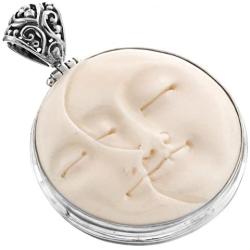 Carved Sun Crescent Moon Moonface Duo Goddess Bison Bone 925 Sterling Silver Pendant, 1 3/4''