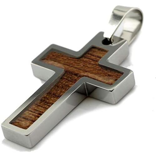 MJ Metals Jewelry Personalized Tungsten Carbide Hawaiian Koa Wood Cross Pendant Necklace 18'' to 20'' SS Wheat Chain