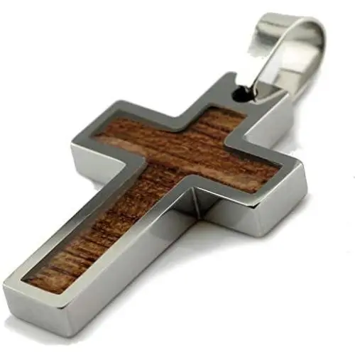 MJ Metals Jewelry Personalized Tungsten Carbide Hawaiian Koa Wood Cross Pendant Necklace 18'' to 20'' SS Wheat Chain MJ Metals Jewelry Personalized Tungsten Carbide Hawaiian Koa Wood Cross Pendant Necklace 18'' to 20'' SS Wheat Chain