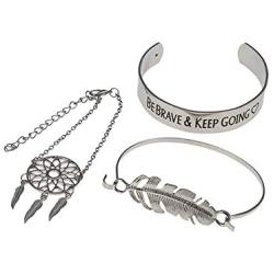 Solememo Vintage Retro Bohemian Design Antique Silver Tone Bracelet Set, Be Brave Feather and Dreamcatcher Set of 3 Bangles, Friendship Gift