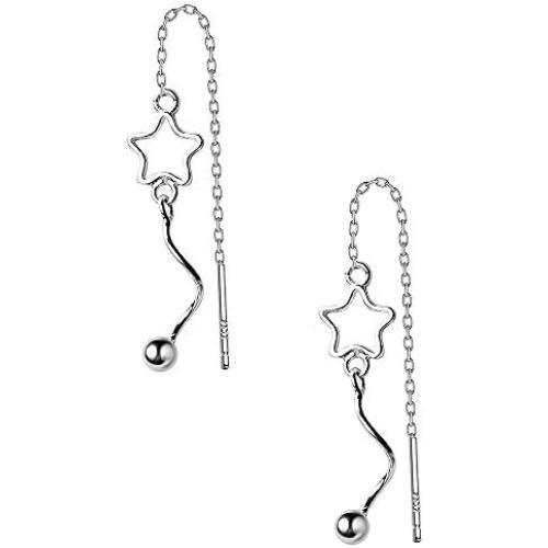 Ball Star Chain Bar Drop Dangle Earrings for Women Teen Girls 925 Sterling Silver Cartilage Hypoallergenic Threader Cute Pentagram Dangly Earring Jewelry for Holiday Birthday Valentine Gift
