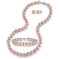 THE PEARL SOURCE 14K Gold 8-9mm AAAA Quality Round Pink Freshwater Cultured Pearl Necklace, Bracelet & Earrings Set in 18'' Princess Length for Women