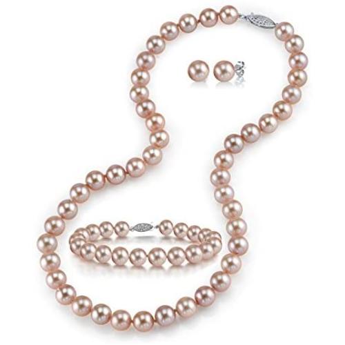 THE PEARL SOURCE 14K Gold 8-9mm AAAA Quality Round Pink Freshwater Cultured Pearl Necklace, Bracelet & Earrings Set in 18'' Princess Length for Women