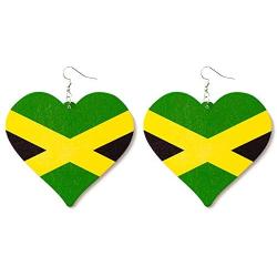 Large Wooden Jamaica Heart-Shaped Flag Dangle Earrings for Women
