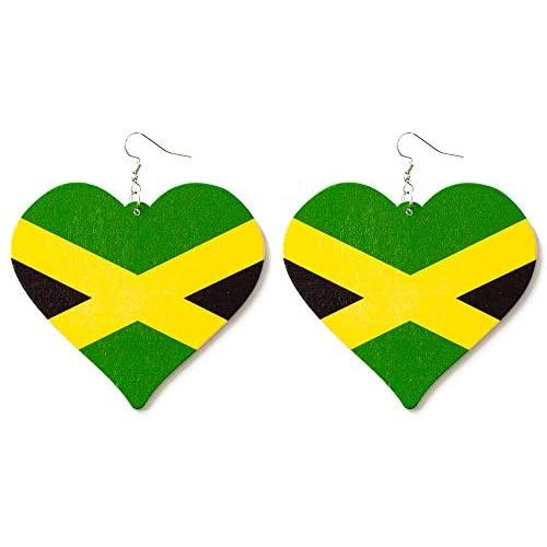 Large Wooden Jamaica Heart-Shaped Flag Dangle Earrings for Women