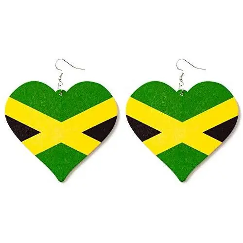 Large Wooden Jamaica Heart-Shaped Flag Dangle Earrings for Women Large Wooden Jamaica Heart-Shaped Flag Dangle Earrings for Women