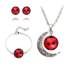 Red Ladybug Insect Earring Necklace Bracelet Set