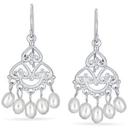 Bali Style White Freshwater Cultured Pearl Boho Filigree Dangle Chandelier Earrings For Women Teen 925 Sterling Silver