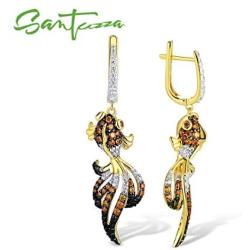 Santuzza 925 Sterling Silver Gold Fish Drop Dangling Earrings Fashion Jewelry