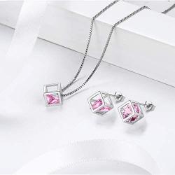 Birthstone Necklace/Earring 925 Sterling Silver Women Cross/3D Cube/Cresent Moon Birth Stone Jewelry Mens Birthday Gift Anniversary Present