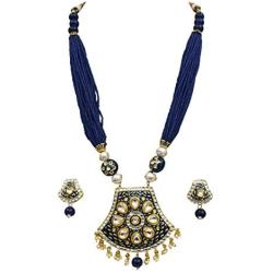 Babosa Sakhi Blue Meenakari Pendant Set Jaipuri Pearl Indian Traditional Kundan Necklace Jewelry