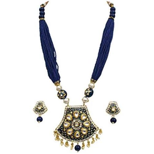 Babosa Sakhi Blue Meenakari Pendant Set Jaipuri Pearl Indian Traditional Kundan Necklace Jewelry