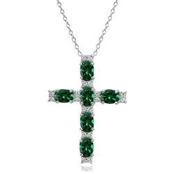 Sterling Silver Genuine, Created or Simulated Gemstone Oval-Cut Cross Pendant Necklace with White Topaz Accents