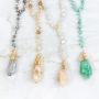 RIAH FASHION Bohemian Pendant Long Beaded Statement Necklace - Sparkly Crystal, Natural Stone Quartz Charm, Boho Wood Bead Long Chain Wrap Y Lariat