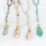 RIAH FASHION Bohemian Pendant Long Beaded Statement Necklace - Sparkly Crystal, Natural Stone Quartz Charm, Boho Wood Bead Long Chain Wrap Y Lariat