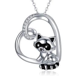 CHENGHONG Raccoon Necklace 925 Sterling Silver Cute Animal Necklace Heart Raccoon Pendant Necklace Raccoon Jewelry Gifts for Women Mom Daughter