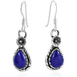 Classic Chic Teardrop Simulated Blue Lapis-Lazuli & Flower .925 Sterling Silver Dangle Earrings