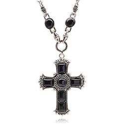 jonline24h Mens Womens Vintage Large Gothic Cross Pendant Necklace & Chain Red Green Black