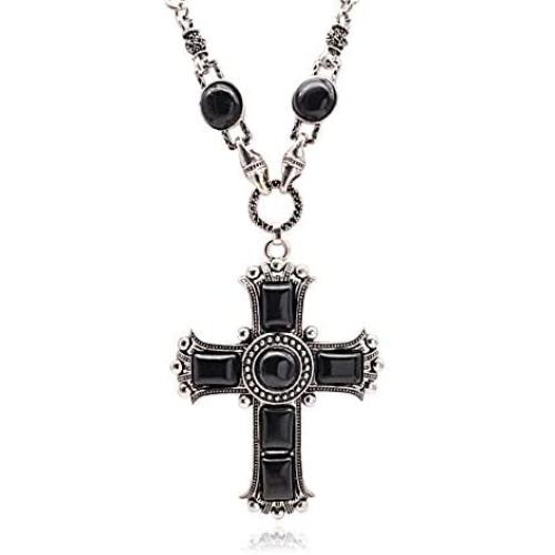 jonline24h Mens Womens Vintage Large Gothic Cross Pendant Necklace & Chain Red Green Black