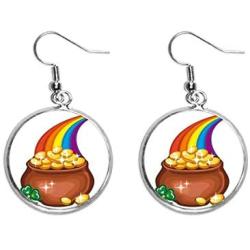 Clover Shine Rainbow Ireland St.Patricks Day Ear Dangle Silver Drop Earring Jewelry Woman