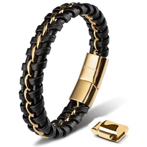 SERASAR | Premium Genuine Leather Bracelet for Men in Black | Magnetic Stainless Steel Clasp in Black, Silver and Gold | Exclusive Jewellery Box | Great Gift Idea