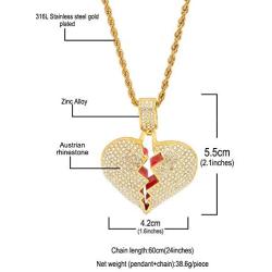 putouzip Men Broken Heart Chain Pendant,18k Gold Plated Fully Iced Out Rhinestone Rape Chain Necklace