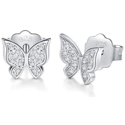925 Sterling Silver Stud Earrings, BoRuo Cubic Zirconia Butterfly Earrings