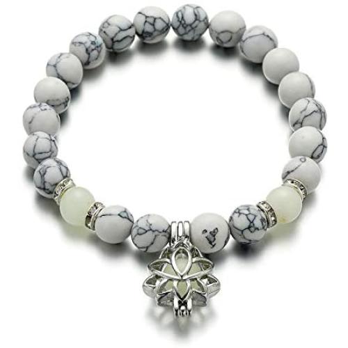 Luminous Glowing in The Dark Moon Lotus Flower Shaped Charm Bracelet for Women Natural Turquoise Stones Yoga Prayer Jewelry