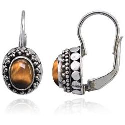 Sterling Silver Simulated Tigers Eye Thick Oxidized Bali Bead Leverback Drop Earrings