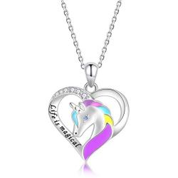 ZGBY S925 Sterling Silver Unicorn Necklace Heart Pendant Words Engraved Life is Magical Jewelry Teen Girls Daughter Granddaughter Valentines Day Birthday Party Gift