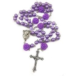 Nazareth Store Catholic Purple Pearl Beads Rosary Necklace 6mm Holy Soil Medal & Cross